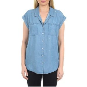 Jachs Girlfriend Chambray Palm Tree Top Button Down Short Sleeve Indigo …